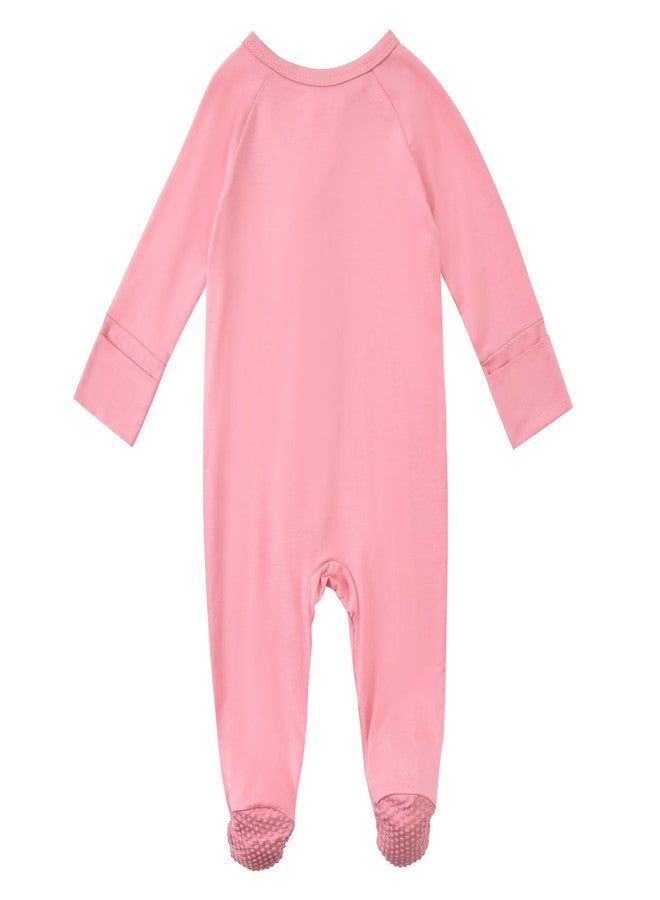 Aablexema Baby Footed Coverall Pajamas with Mittens Rayon from Bamboo 2pcs Newborn Infant 2-way Zipper Outfit (Pink Cherry Bow, 0-3m) - Image 3